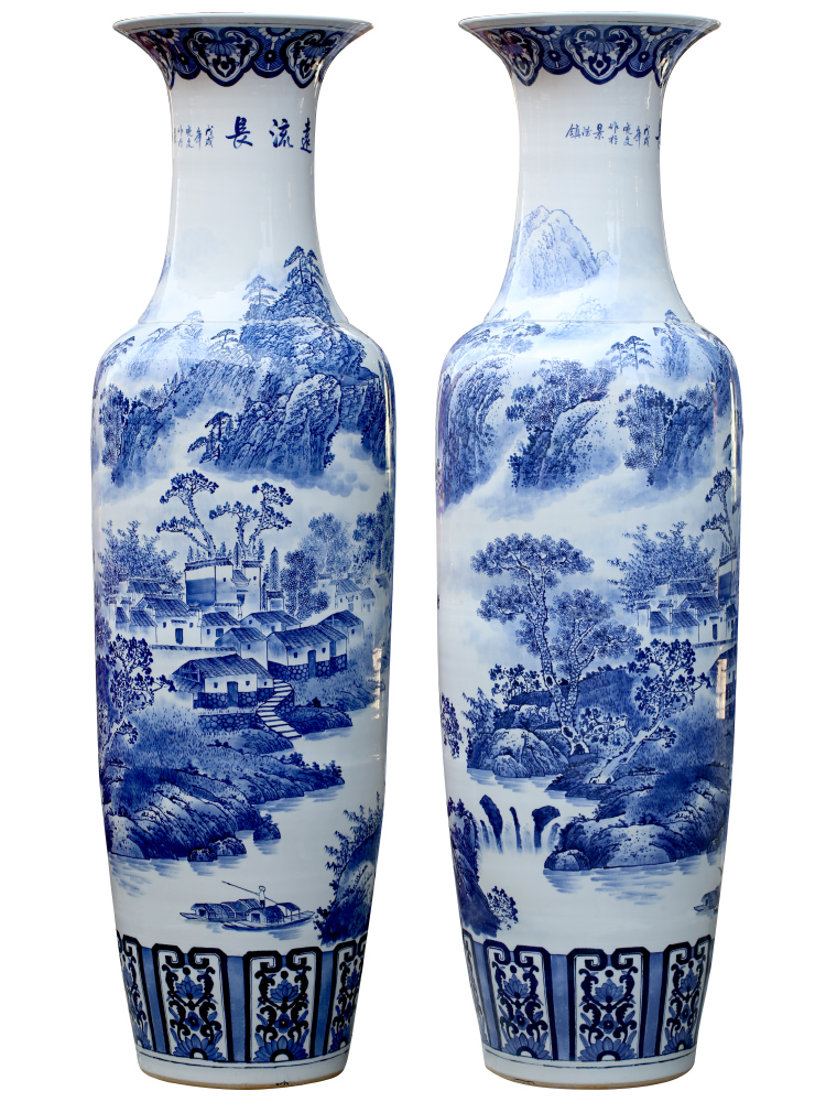 Jingdezhen ceramic floor big hand blue and white porcelain vase furnishing articles sitting room large landscape painting porcelain hotel decoration