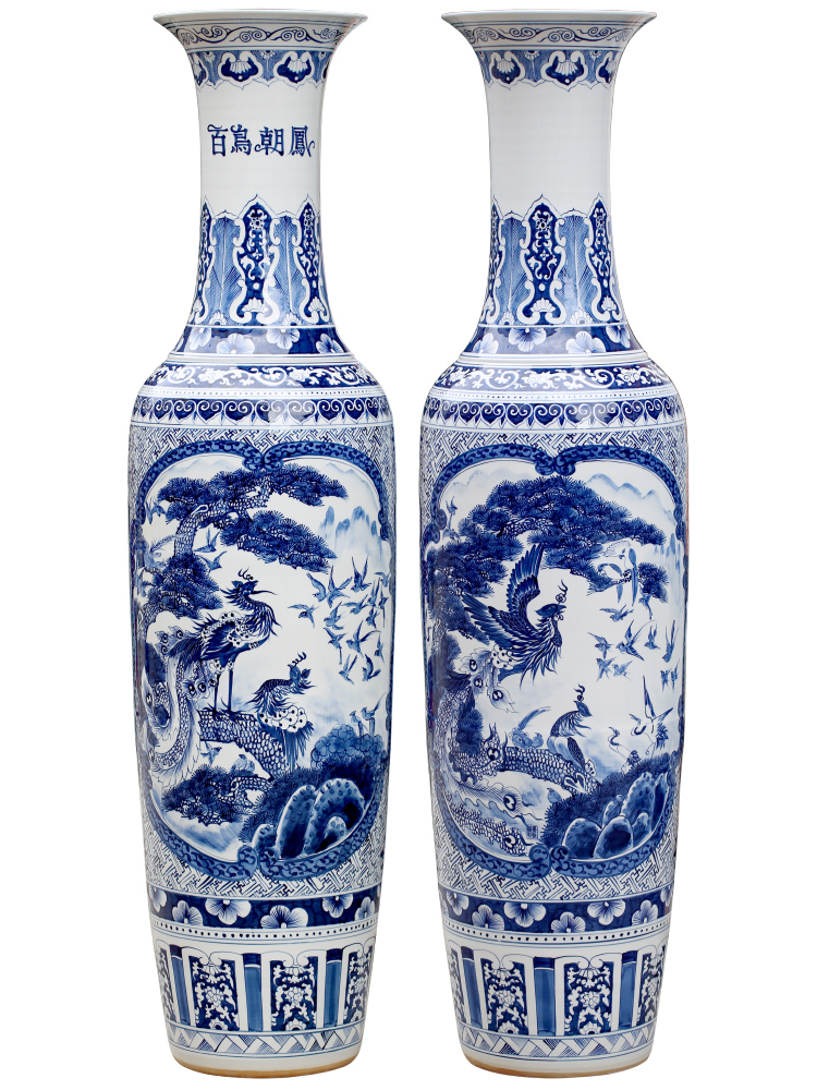 Jingdezhen blue and white porcelain painting birds pay homage to the king of large vase home sitting room place hotel opening gifts