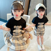 Korean Net Red Girl summer dress child Summer 2-3 year old baby girl set academic style grid short sleeve two-piece set