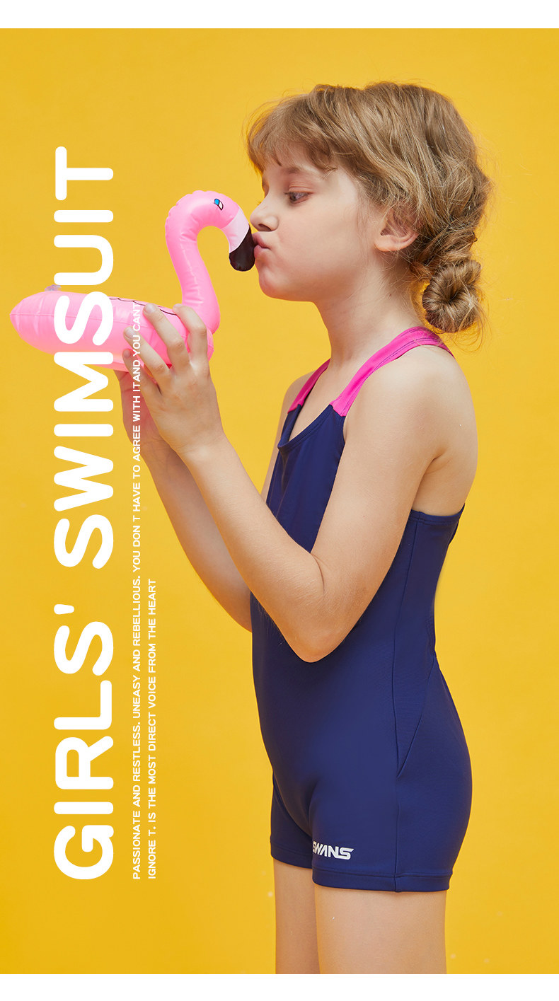 七色王国swans诗韵儿童连体泳衣女孩女童专业训练竞速连体舒适平角