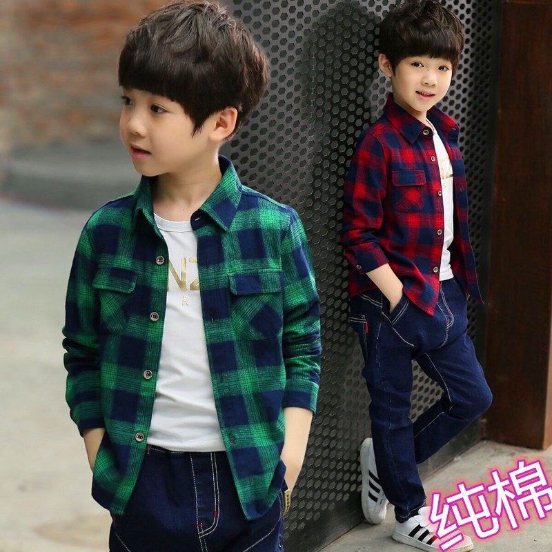 Boys Spring and Autumn Plaid Shirt 2021 New Cotton Tong Long Sleeve Shirt Cotton Casual Fashion Tide Coats