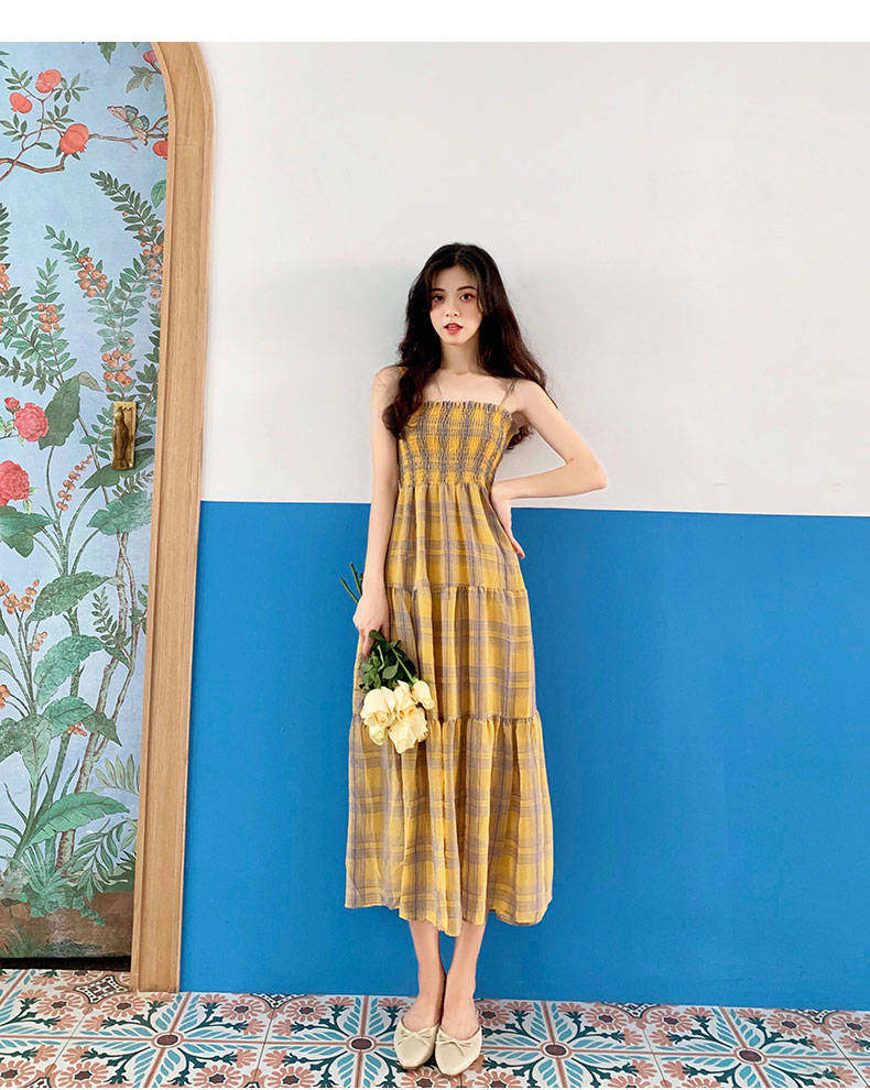 格子吊带雪纺连衣裙女学生2020新款韩版夏季小清新修身显瘦中长