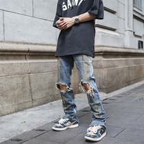 POCKET INS European and American High Street Vibe wind pants splashdown with small feet breaking holes zipped jeans Chaumen Men and women