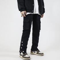 POCKET INS European and American High Street Pants Male Black Straight Drum Pants Buttons Loose Casual Pants Workwear Pants Boomer