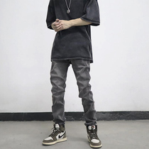 POCKET INS European and American High Street Pants American Washed Grey Straight Cylinder Elastic Body jeans Chauffmen Men and women