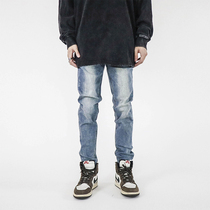 POCKET INS European and American pants wash to make old blue straight cylinder elastic casual workout with small foot jeans Chaumen