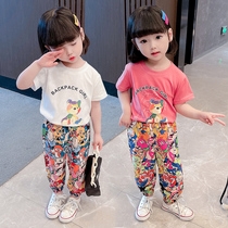 South Korean girls foreign air summer dress suit 2022 New online red anti-mosquito pants Two sets of female baby chic childrens clothing