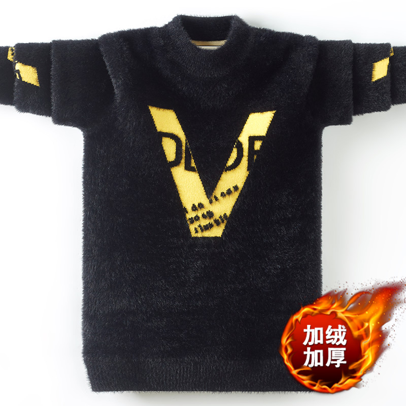 Children sweater black autumn and winter style boy stitch cardiff plus suede thickened 2019 new CUHK boy boy hit undershirt