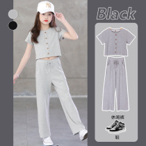 Girls Ice Silk short sleeve set summer 2021 New wide leg pants trousers foreign fashion casual two-piece set