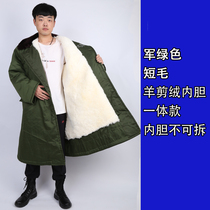 Military cotton coat green mid-length cold-proof thickened mens winter fur one-piece warm cold storage security wool cotton clothing