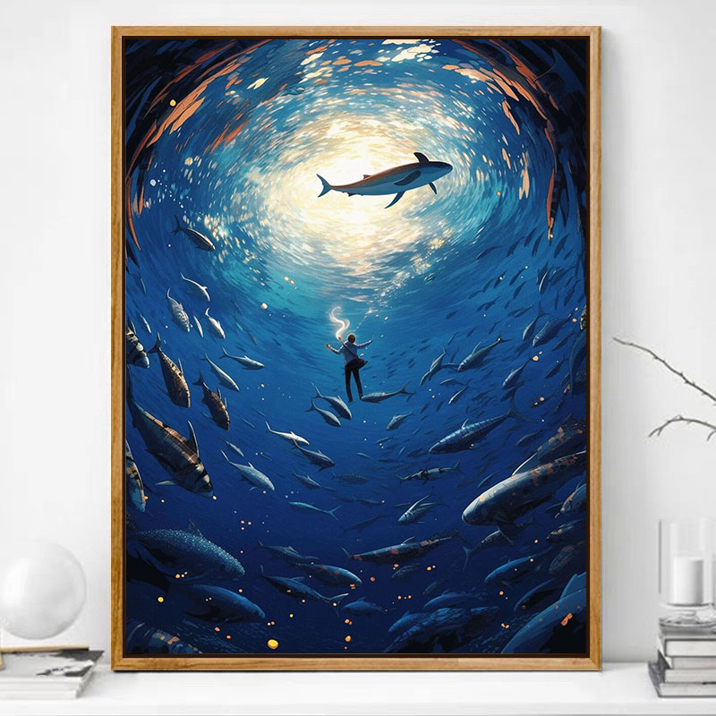 高级感数字油画海底世界diy画画手工绘作填充涂色丙烯油彩画鲸鱼