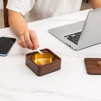 Walnut wood solid wood ashtray household living room creative creativity and high-end ash light luxury cover anti-fly ash