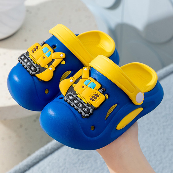 Cartoon excavator children's hole shoes for boys in summer indoor non-slip outdoor wearing thick-soled small and medium-soled children's baby slippers Cartoon excavator children's hole shoes for boys in summer indoor non-slip outdoor wearing thick-soled small and medium-soled children's baby slippers