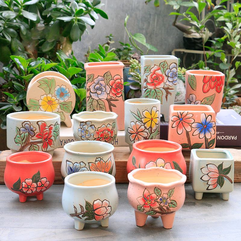 Fleshy flower - pot ceramic biscuit firing TaoHua implement creative mini indoor other Chinese wind restoring ancient ways is hand - made of flowerpot