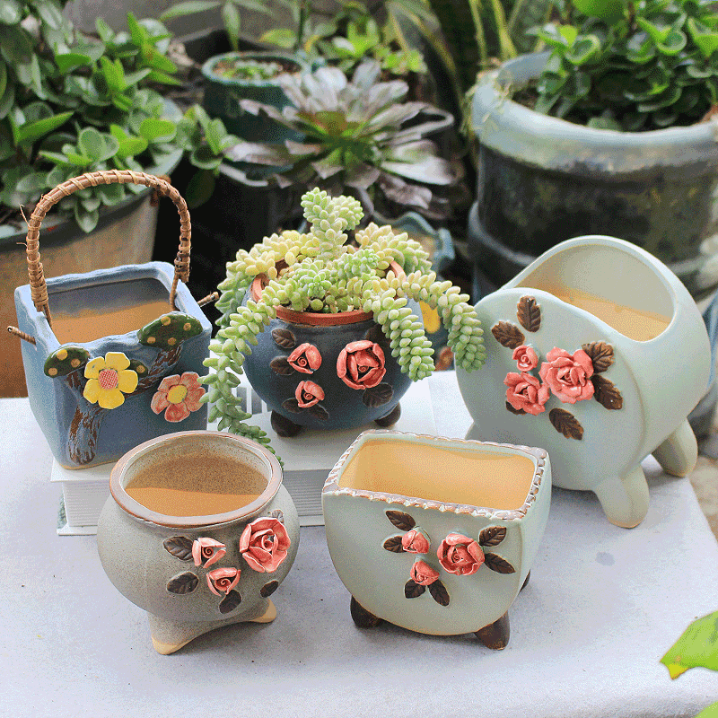 Fleshy ceramics through pockets pottery flowerpot special Chinese wind restoring ancient ways potted green plant pot, basket large clearance