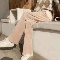Corduroy wide leg pants womens spring and autumn retro high waisted loose casual straight pants strippery thick mop trousers