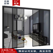 Extremely narrow side sliding door folding kitchen balcony three linkage hanging rail glass black aluminum alloy Guangzhou sliding door customization