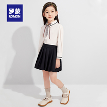 romon girl's jk uniform plaid dress autumn short sleeve shirt children's spring autumn medium and large children's college style tops