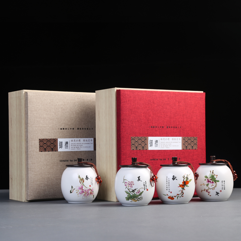 Spring, summer, autumn and winter ceramic tea tins gift boxes aneroid general pu 'er tea, green tea sealed tank half jins installed