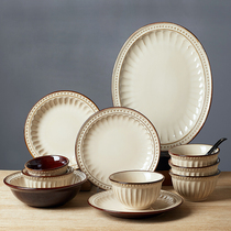 Ceramic dishes tableware home retro simple rice bowl big bowl soup bowl noodle bowl Western plate steak bowl Bowl combination