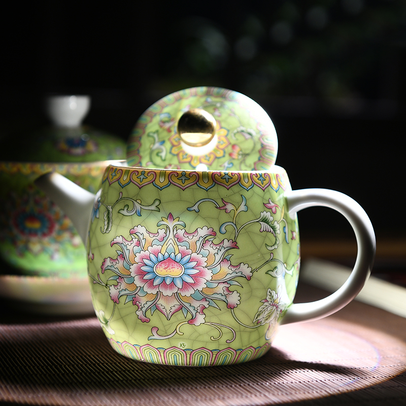 Colored enamel tea kettle ceramic household pure manual side pot of kung fu teapot little teapot girder single pot pot