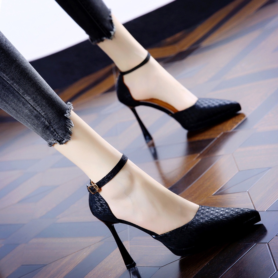 Elegant hollow fine heel single shoe woman 2023 summer fall without tired foot waterproof table with a single word-strap ultra high heel shoe-Taobao