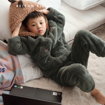 Beyan childrens coral velvet pajamas thickened warm skin-friendly cartoon childrens pajamas autumn and winter flannel set