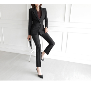 Fashion temperament slim wine red suit + straight pants