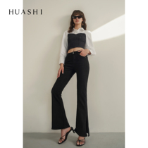 HUASHI HIGH QUALITY BLACK OPEN FORK MICROLAGINE PANTS WOMAN HIGH WAIST AND SLIM DESIGN SENSATION HORN LONG PANTS
