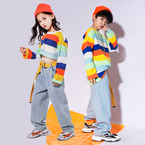 Hip-hop suit Boys hip-hop style denim Childrens loose sweater tide dress Student sports class suit Performance suit Women