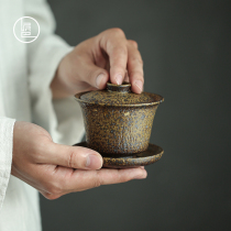 Clay Pai People Handmade Taiwan Firewood Burning Three Talents Cover Bowl Dragon Kiln Jumping Knife Craft Coarse Pottery Ceramic Kung Fu Tea Tea Tea Cup