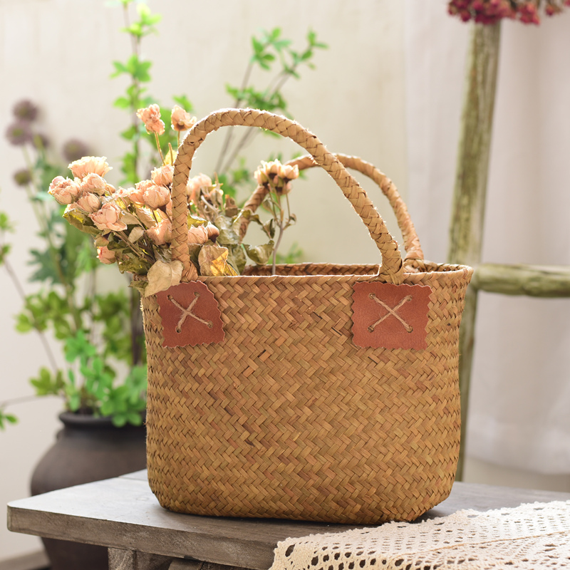 Nordic straw flower basket portable woven basket ins home creative rattan flower arrangement dry flower basket living room storage basket