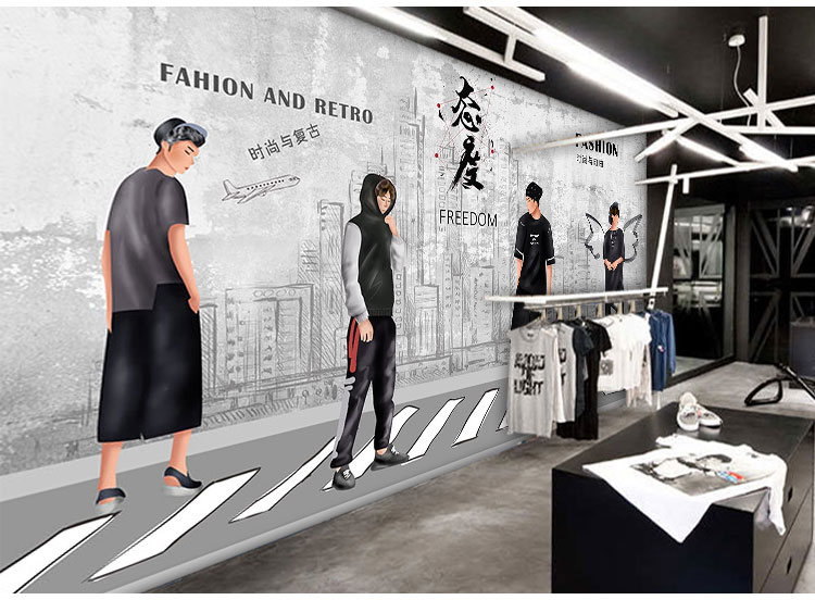 时尚男士服装店铺墙纸潮流吧台背景墙装修个性潮牌男装店装饰壁纸