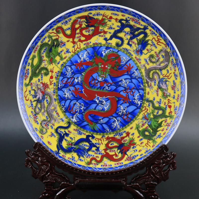 Jingdezhen imitation com.lowagie.text.paragraph qianlong Kowloon lines to admire the dish hang dish sitting room cabinet study of new Chinese style household adornment furnishing articles