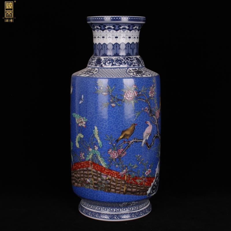 Jingdezhen imitation enamel qianlong years antique vase pastel blue birds and flowers were bottles of Chinese style household ground furnishing articles
