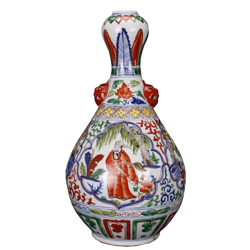 Jingdezhen imitation of yuan blue and white hand draw colorful antique antique furnishing articles character lines garlic bottle retro decoration old items