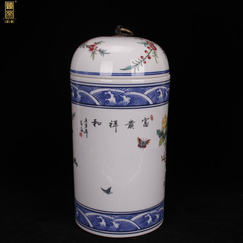 Jingdezhen imitation yongzheng bucket color rich and peaceful cranes lines cover pot of ark of desk of Chinese style household imitation antique decorative furnishing articles