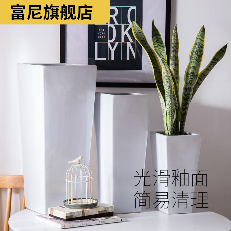 Rich, heavy ground large white flower pot Nordic high high contracted tiger orchid square ceramic flower POTS