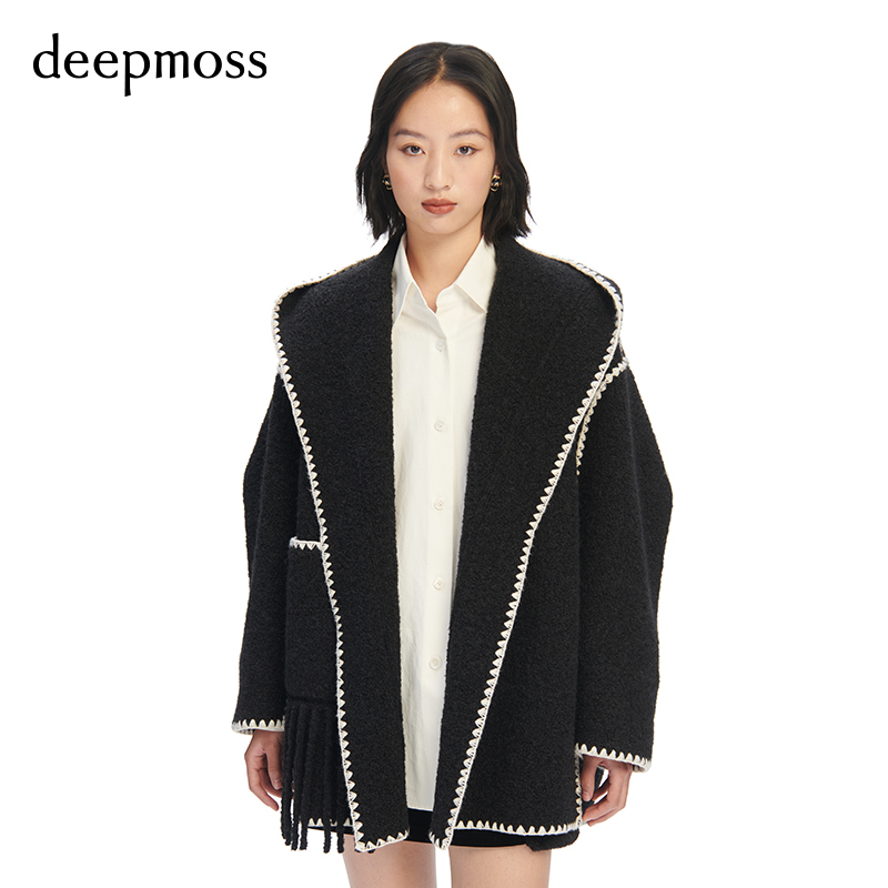 【预售】deepmoss2023秋冬新款女毛呢明线流苏连帽大衣外套