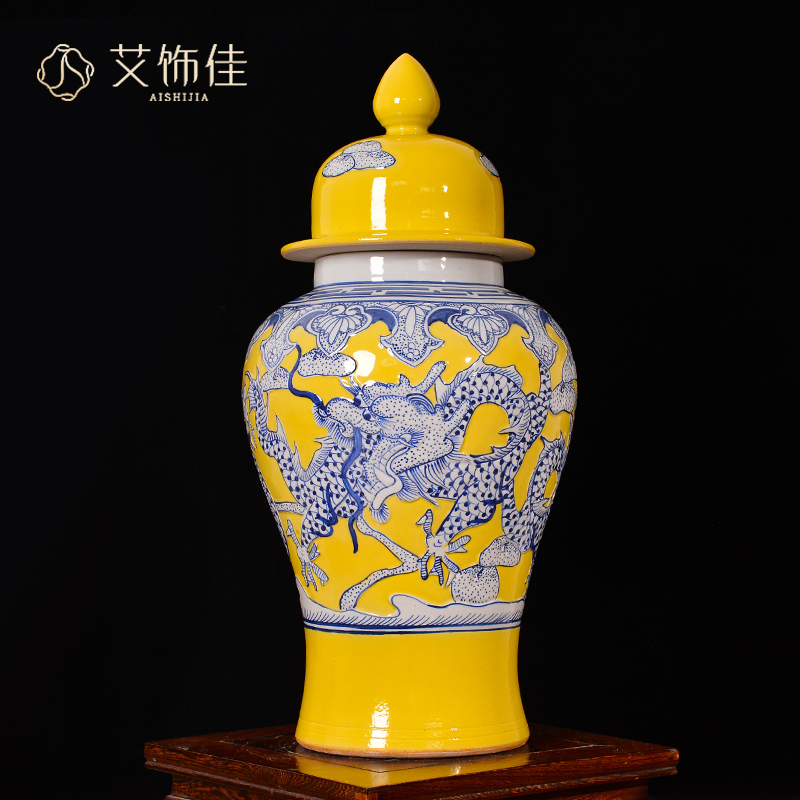 Jingdezhen ceramics antique yellow general tank storage tank candy jar with cover caddy fixings large decorative furnishing articles