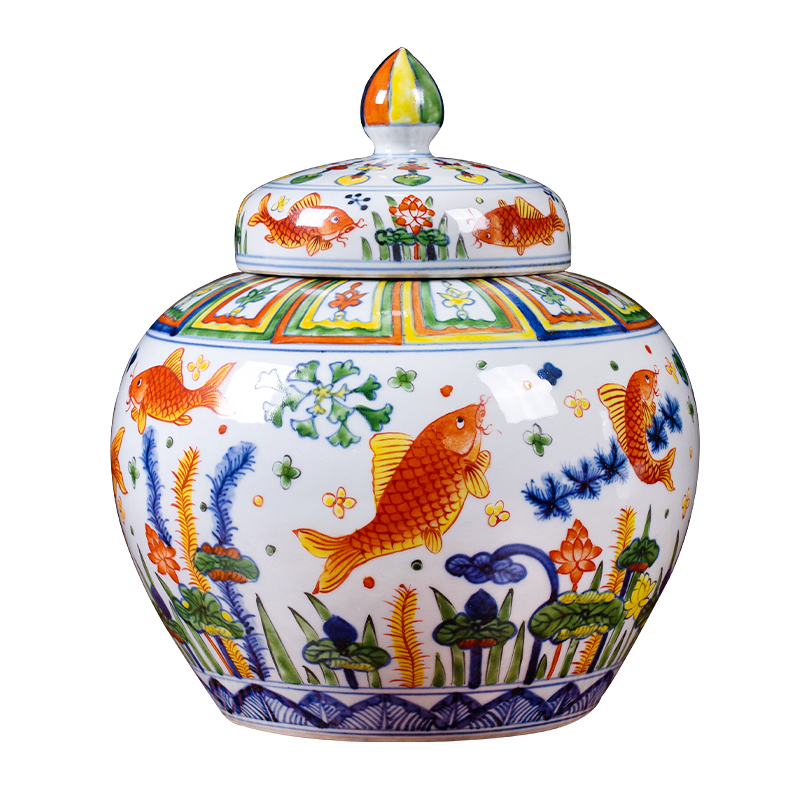 Jingdezhen ceramic antique blue - and - white, colorful fish and algae grain caddy fixings storage tank house sitting room study collect furnishing articles