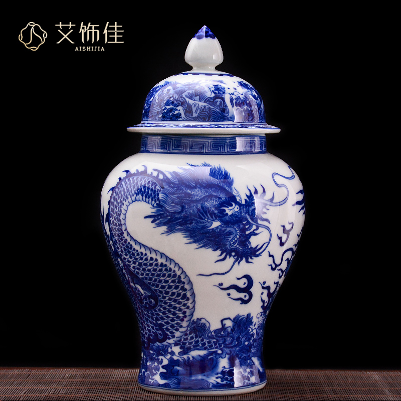 Jingdezhen blue and white dragon ceramics general tank storage tank household caddy fixings adornment handicraft furnishing articles in the living room