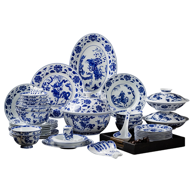 In the Chinese style Chinese wind guiguzi jingdezhen ceramics glaze 60 head blue and white porcelain bowls set tableware suit household gifts