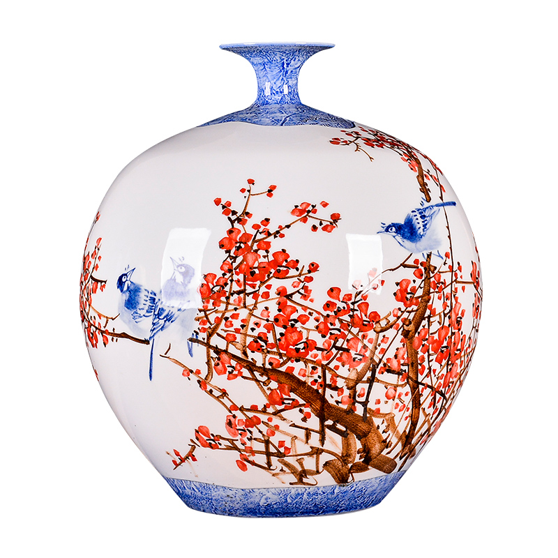 景德镇陶瓷名家手绘喜上眉梢花瓶摆件客厅插花中式家居玄关装饰品
