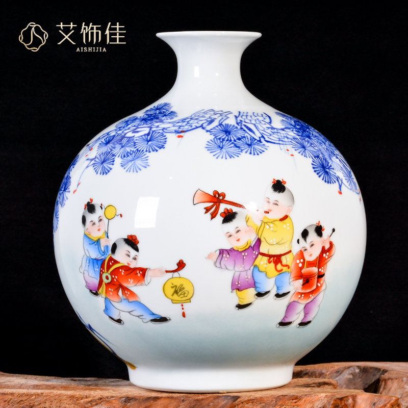 Jingdezhen ceramic hand - made lad merrily merrily vases, new Chinese style living room TV cabinet decoration handicraft furnishing articles