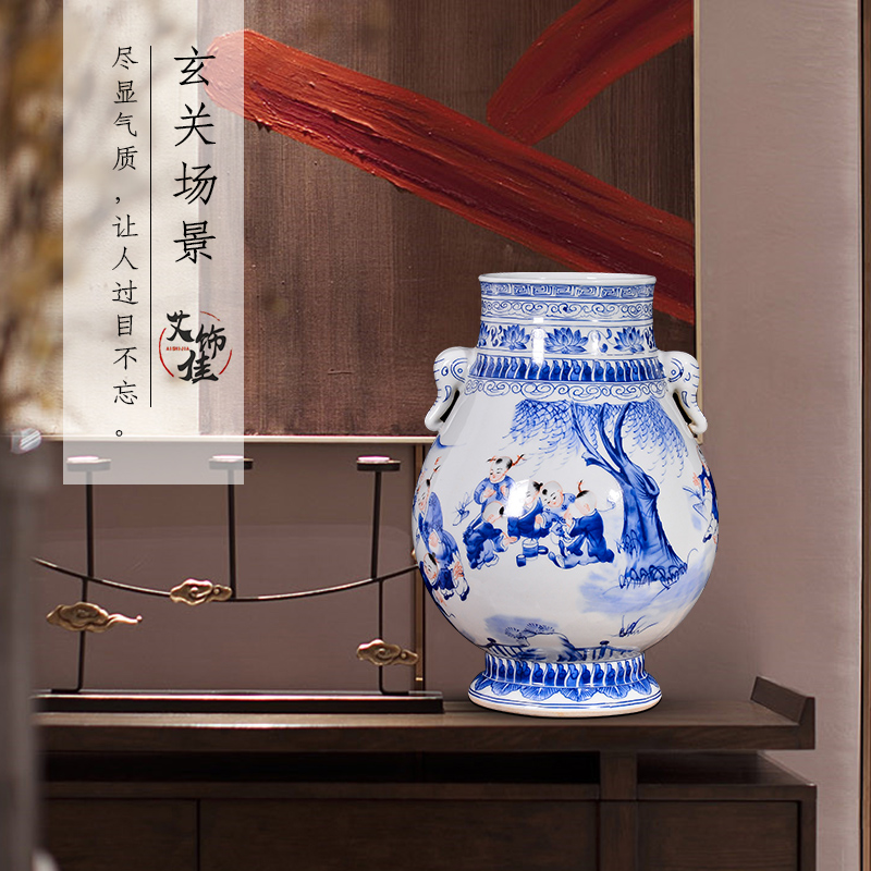 Jingdezhen blue and white lad vase Chinese antique ceramics ears sitting room rich ancient frame TV ark, flower arranging furnishing articles