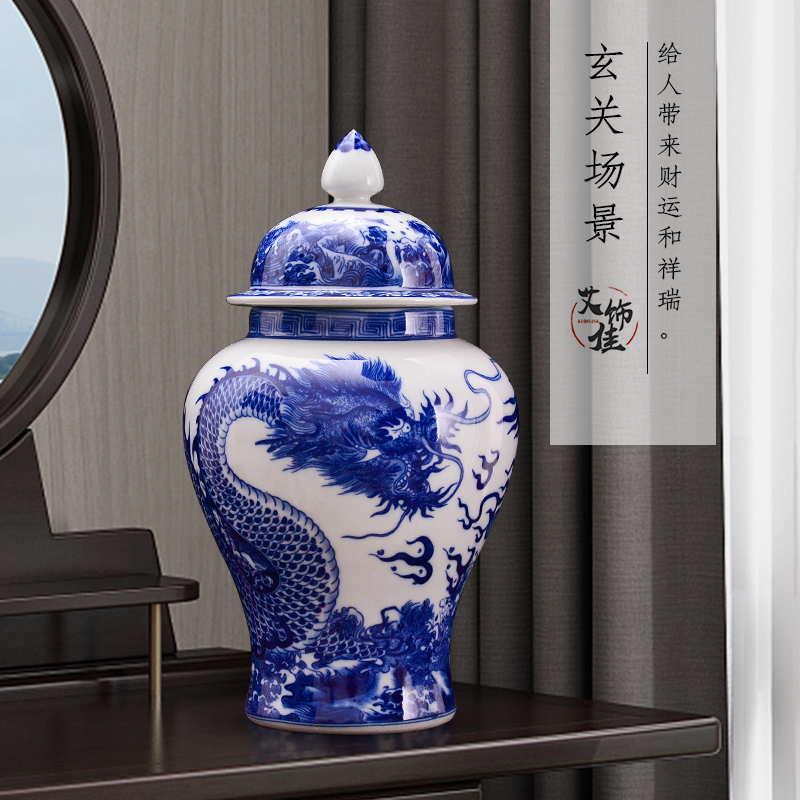 Jingdezhen blue and white dragon ceramics general tank storage tank household caddy fixings adornment handicraft furnishing articles in the living room