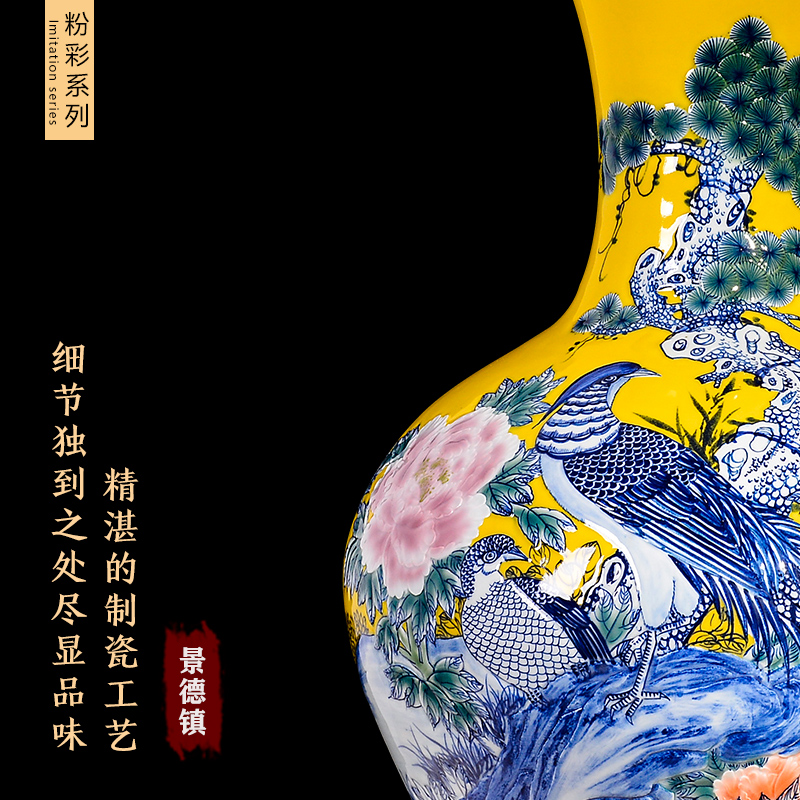 Jingdezhen ceramic yellow notes tong prosperous ground vase large sitting room porch TV ark, crafts are arranging flowers