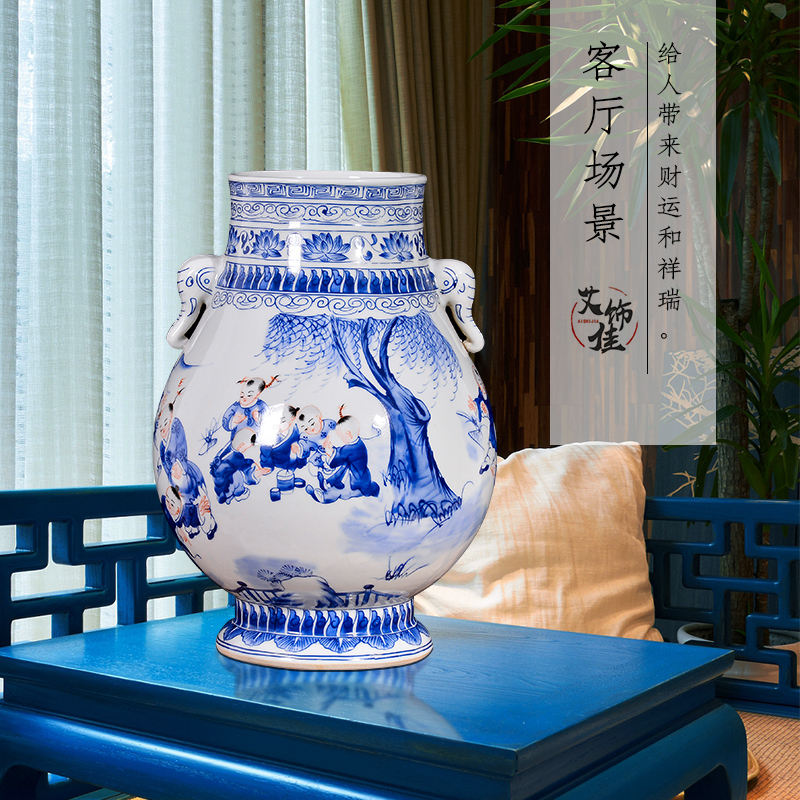 Jingdezhen blue and white lad vase Chinese antique ceramics ears sitting room rich ancient frame TV ark, flower arranging furnishing articles