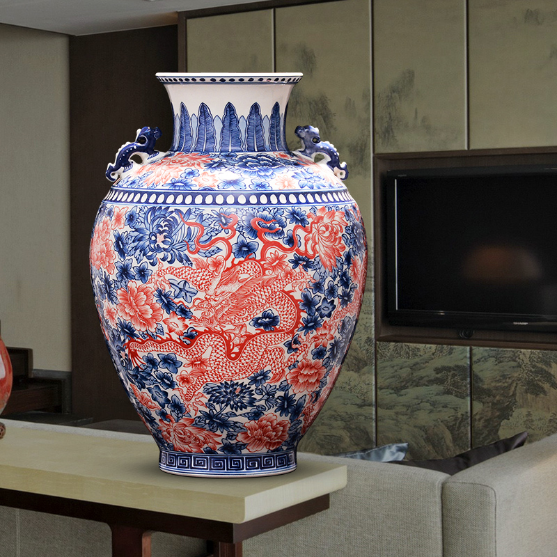 Jingdezhen ceramics vase manual youligong antique blue and white porcelain double classical Chinese style living room TV cabinet furnishing articles